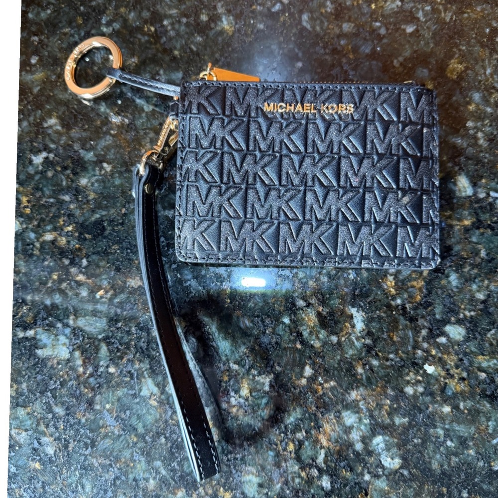 Michael Kors Black Embossed MK Logo Card Case Wristlet Key Ring Wallet